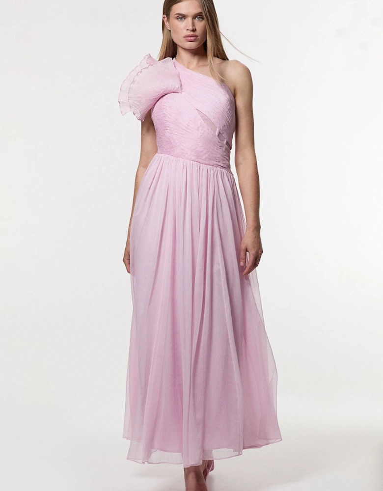 Digital Ophelia Crinkle Georgette Fine Pleated One Shoulder Woven Maxi Dress
