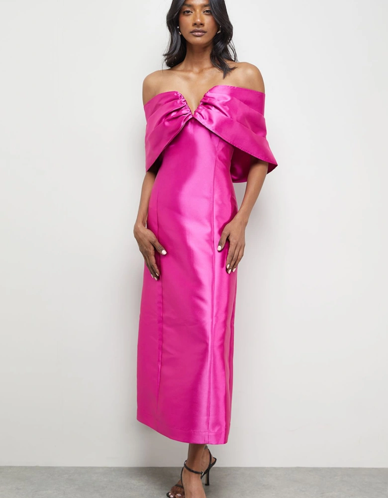 Satin Twill Notch Front Bardot Midi Dress