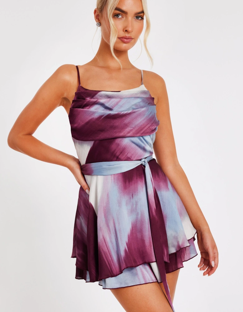 Red Satin Printed Playsuit