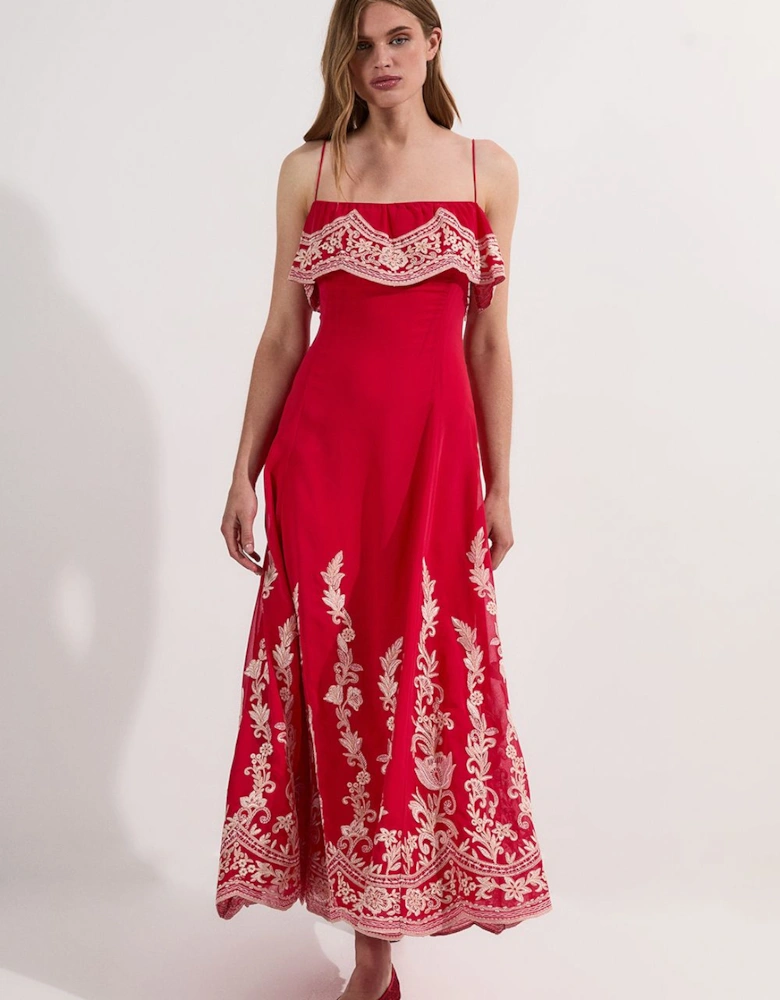 Tall Embroidered Applique Strappy Midi Dress