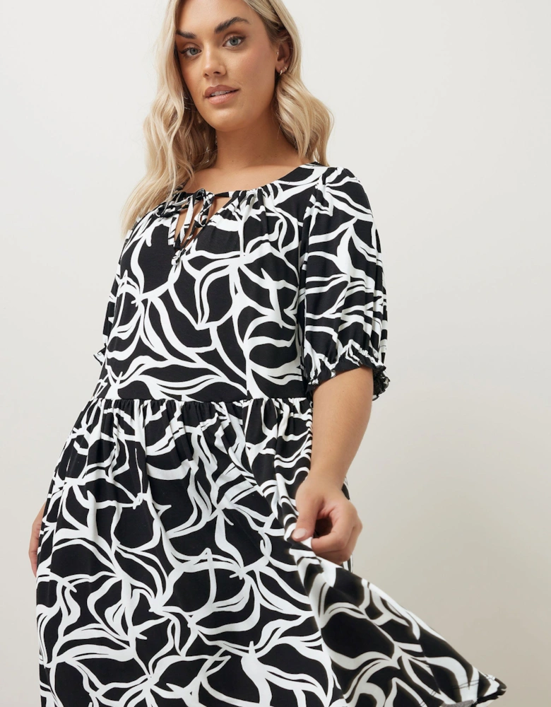 Abstract Print Tie Neck Midi Dress