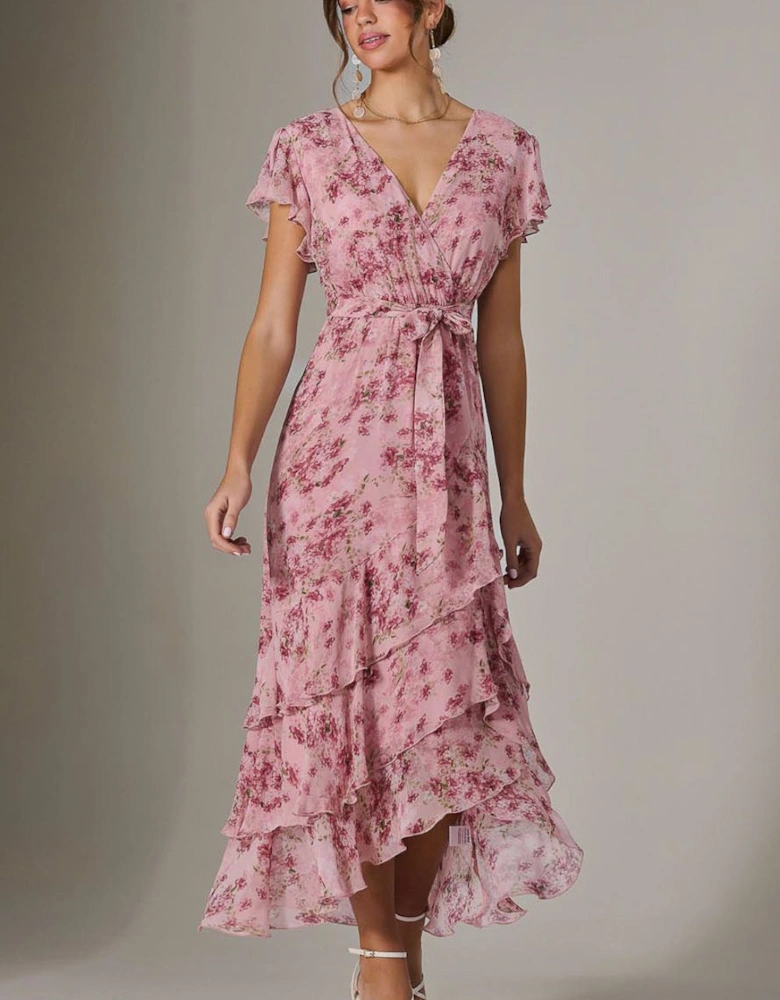 Printed Wrap Ruffle Maxi Dress