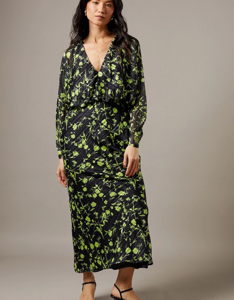 Shadow Stripe Batwing Plunge Neck Midi Dress