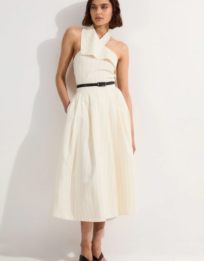 Premium Linen Viscose Pinstripe Halter Neck Belted Full Skirted Midi Dress