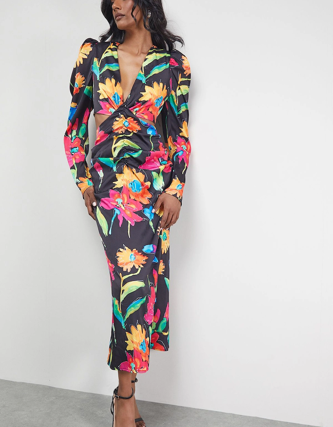Satin Cut Out Waist Plunge Neck Midi Dress, 2 of 1