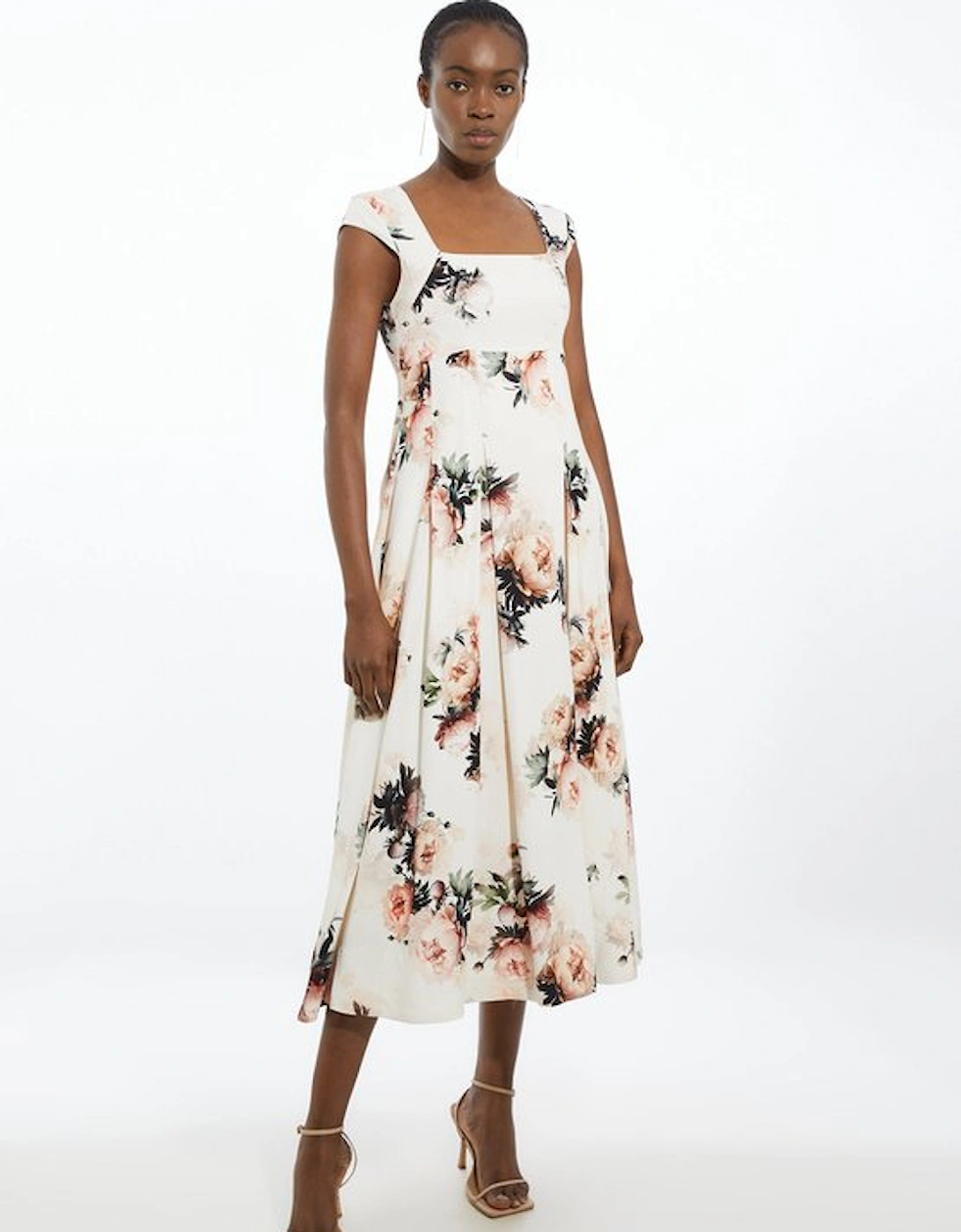 Viscose Satin Back Crepe Peony Tailored Square Neck Full Skirted Midi Dress, 5 of 4