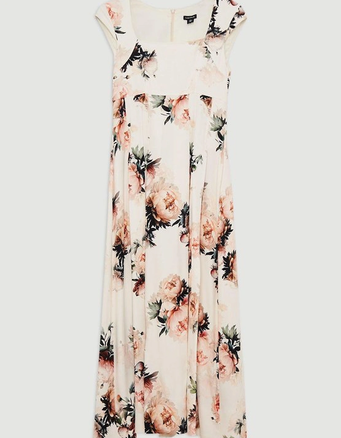Viscose Satin Back Crepe Peony Tailored Square Neck Full Skirted Midi Dress