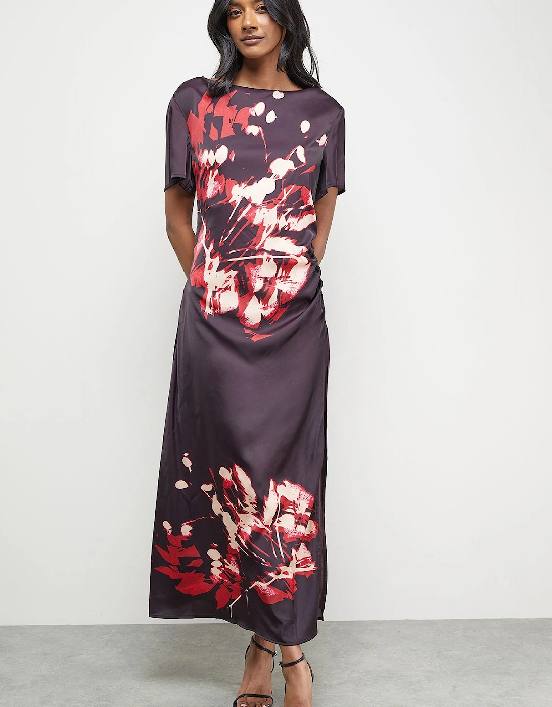 Placement Print Crinkle Satin Ruched Midi Dress, 2 of 1