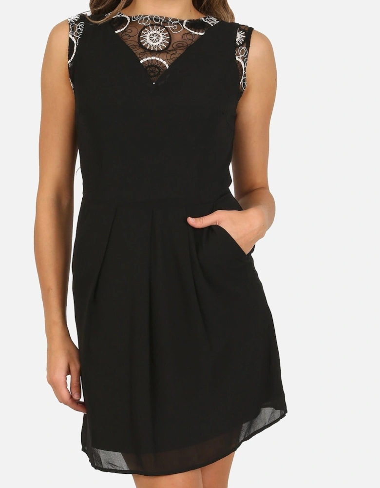 Sleeveless Pleated Mini Dress With Embroidered Yoke