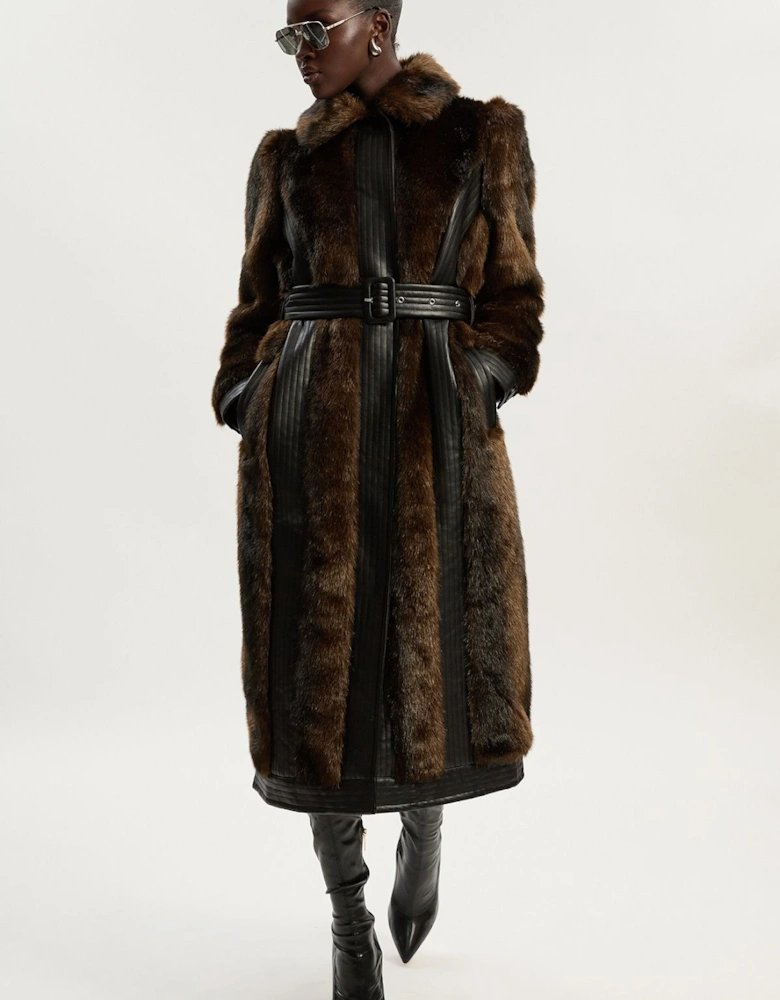 Petite Faux Fur PU Panelled Belted Midi Coat