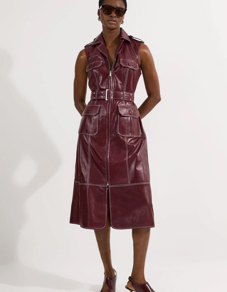 Leather Contrast Stitch Belted Sleeveless Midi Dress