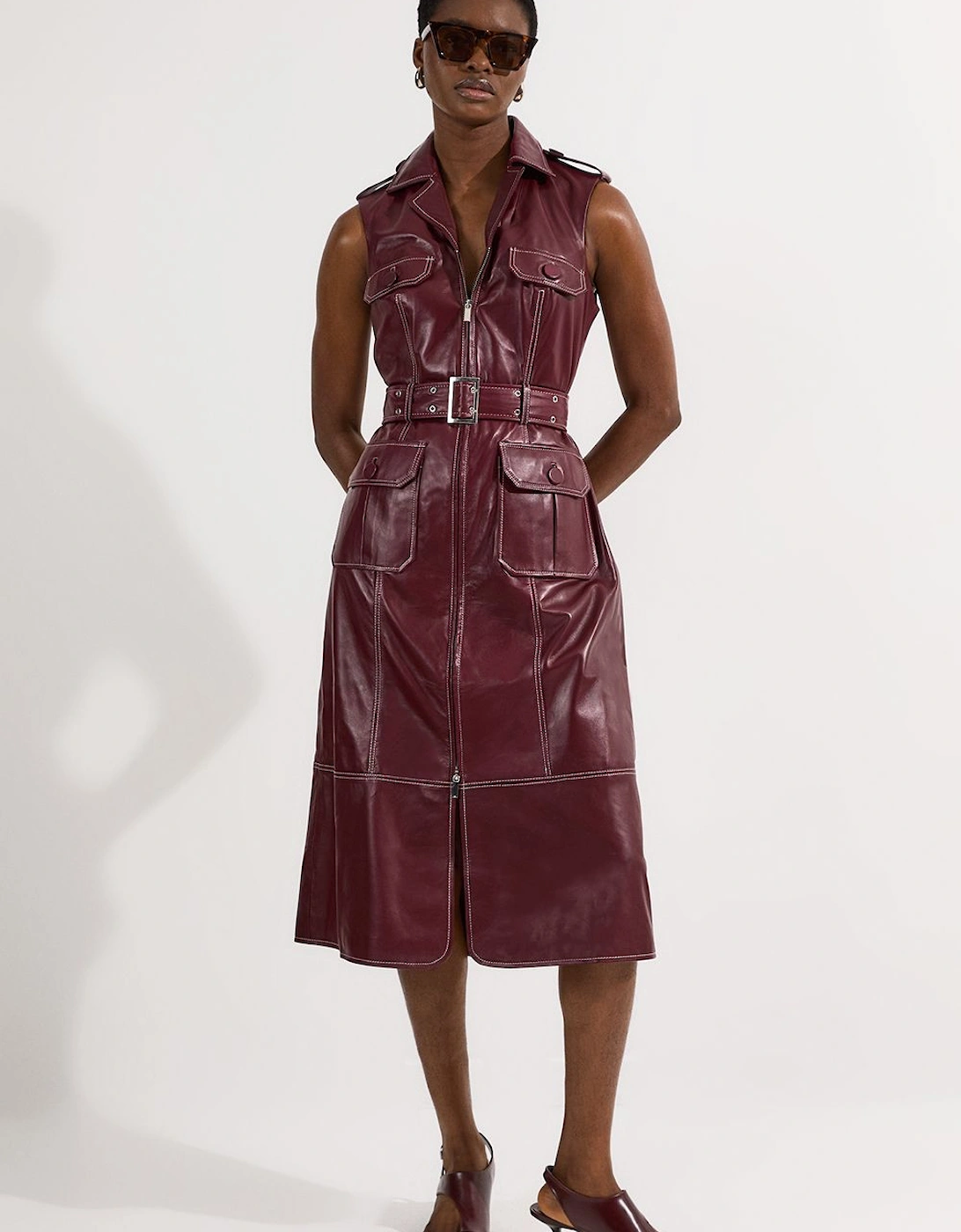 Leather Contrast Stitch Belted Sleeveless Midi Dress, 2 of 1