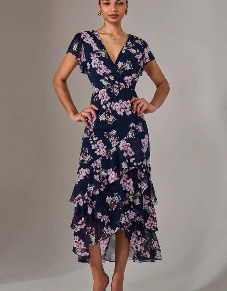 Printed Wrap Ruffle Maxi Dress