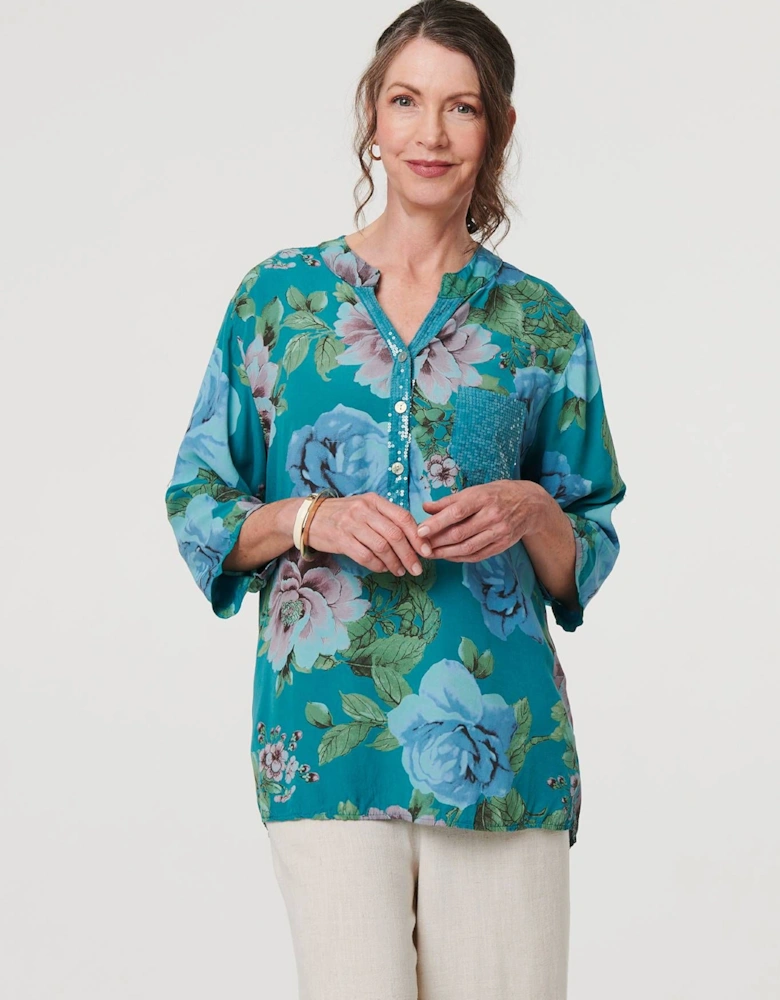Floral Sequin Embellished Relaxed Blouse