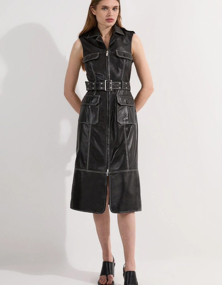 Petite Leather Contrast Stitch Belted Sleeveless Midi Dress