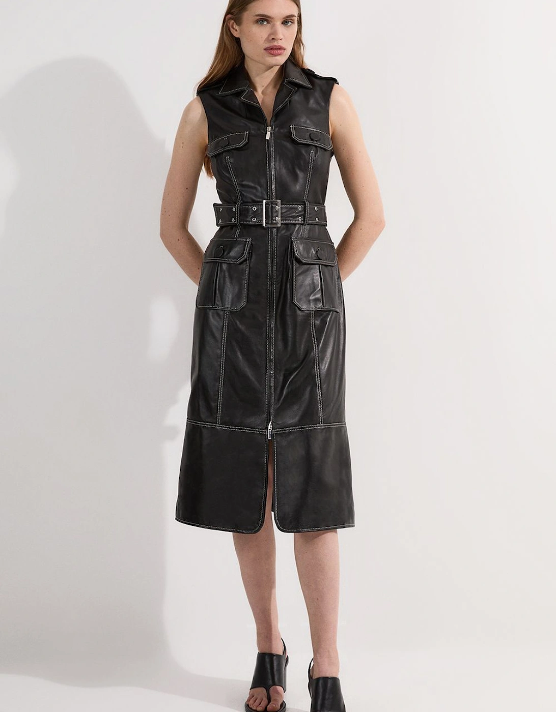 Petite Leather Contrast Stitch Belted Sleeveless Midi Dress, 2 of 1