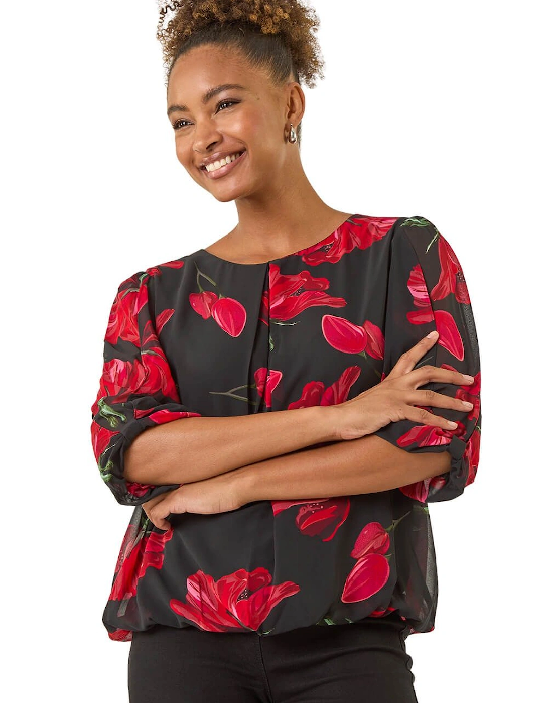Floral Shoulder Bow Pleated Top, 2 of 1