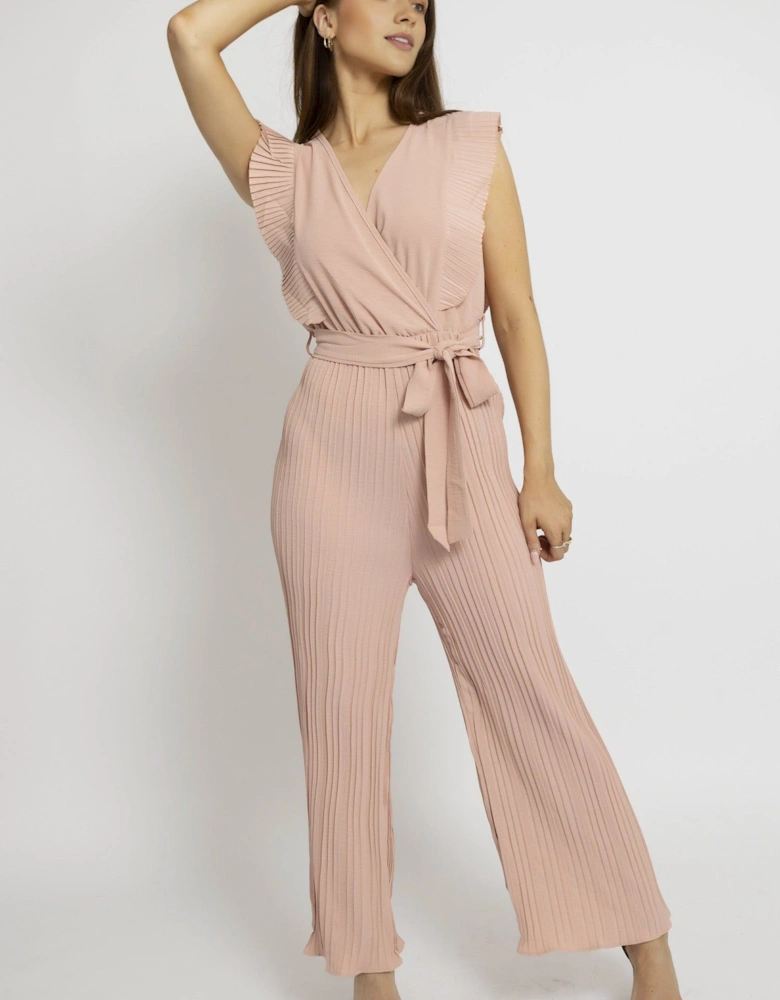 Pleated Wrap Front Jumpsuit With Tie-Waist