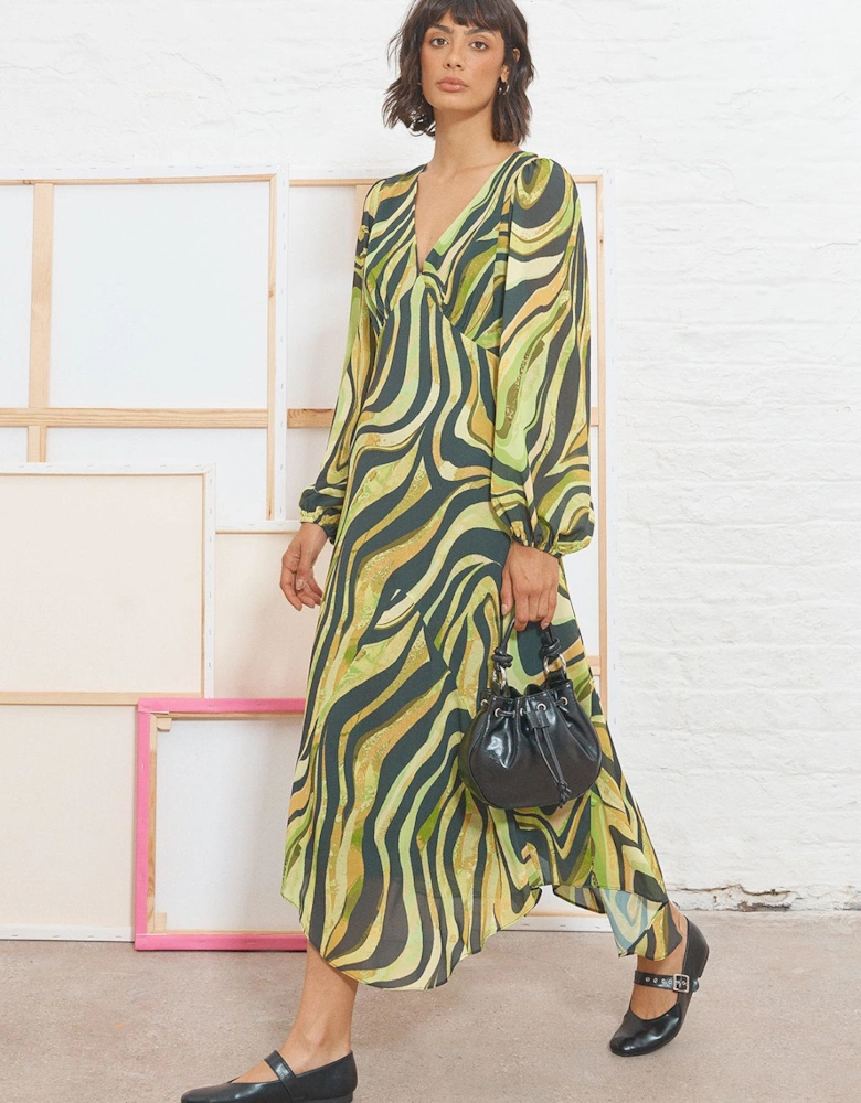 Tony Chiffon Plunge Neck Asymmetric Hem Midi Dress
