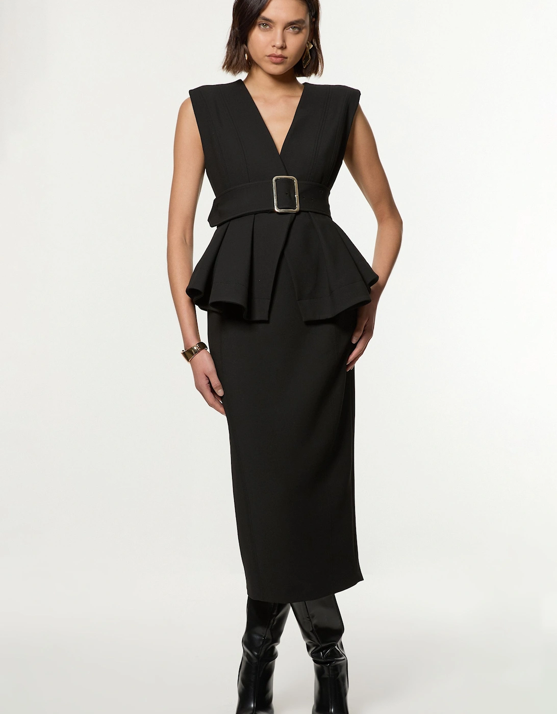 Compact Stretch Belted  Peplum Tailored Maxi Dress, 2 of 1
