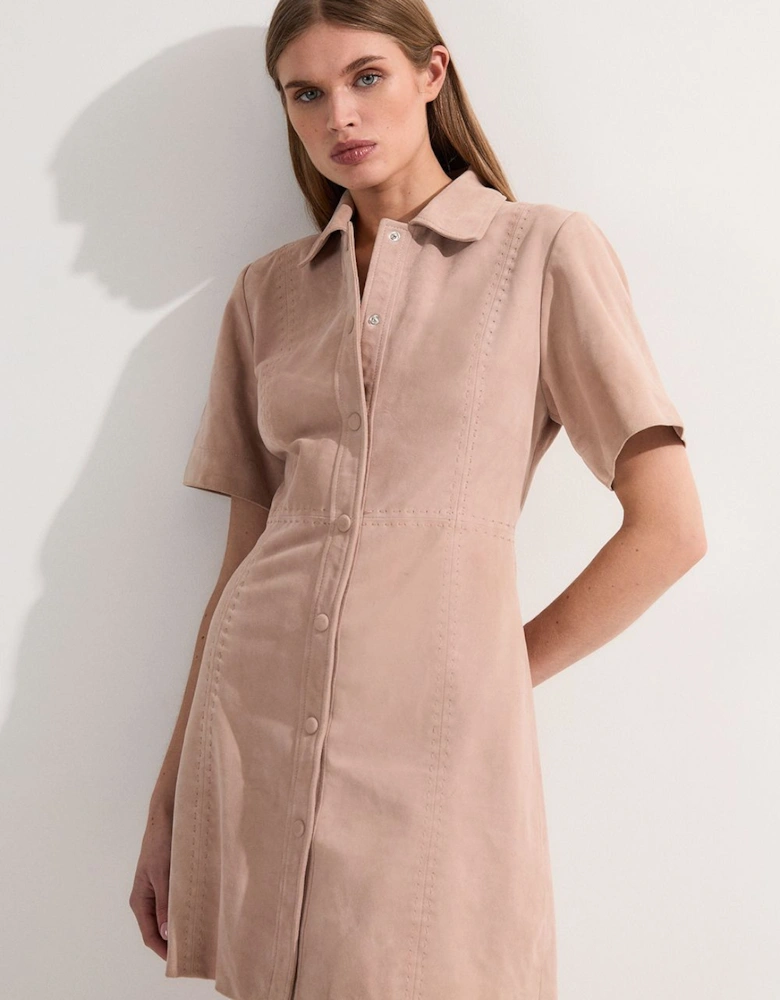 Suede Stab Stitch Button Mini Dress