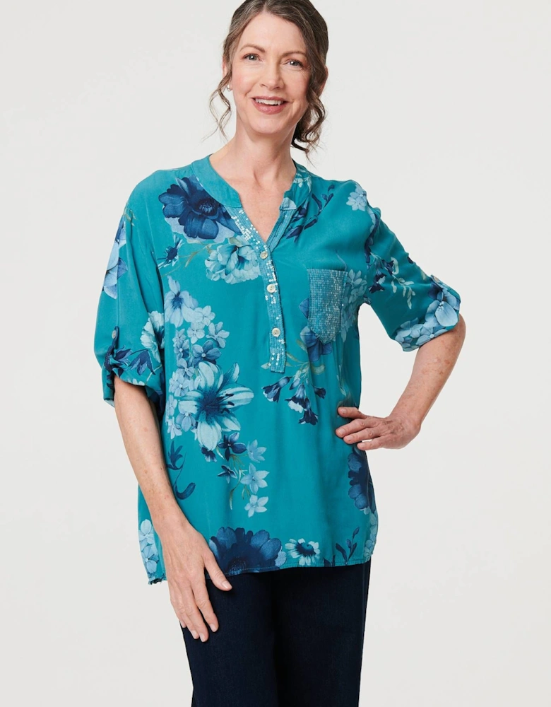 Floral Sequin Detail 3/4 Sleeve Blouse
