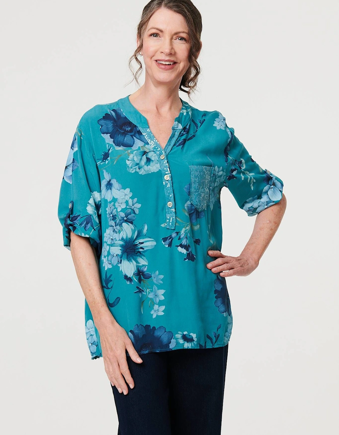 Floral Sequin Detail 3/4 Sleeve Blouse, 2 of 1