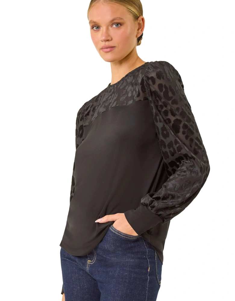 Animal Print Velvet Puff Sleeve Jersey Top