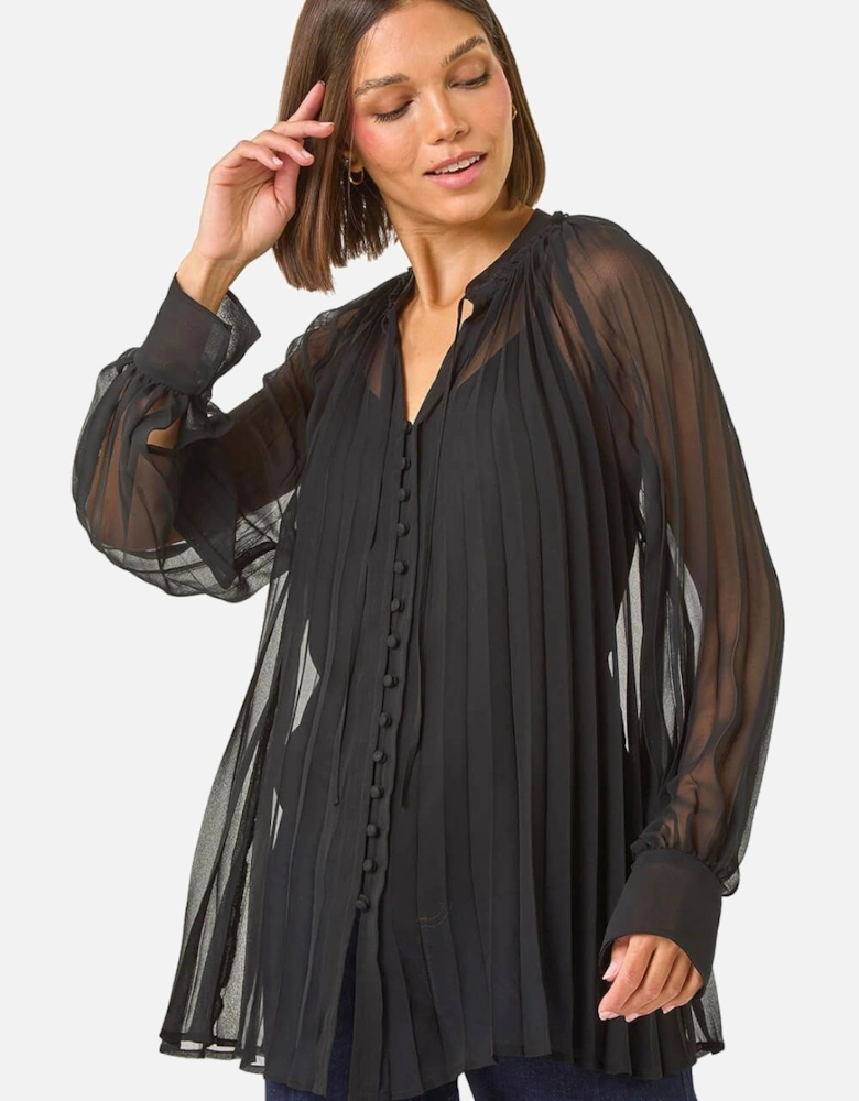 Tie V-Neck Pleated Blouse