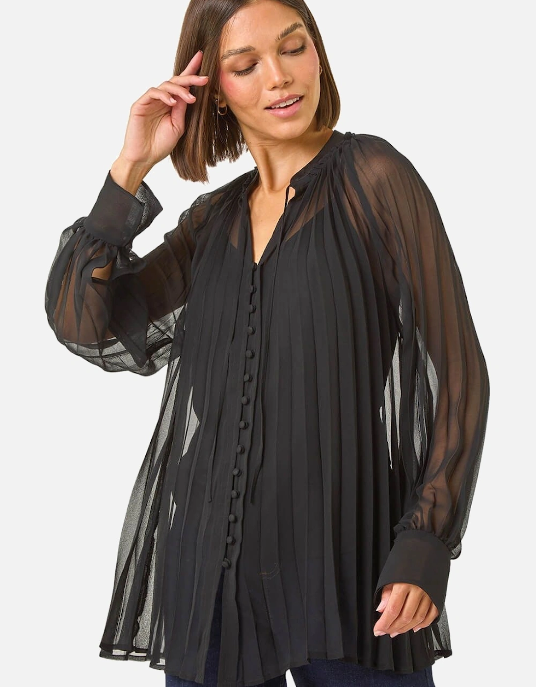 Tie V-Neck Pleated Blouse, 2 of 1