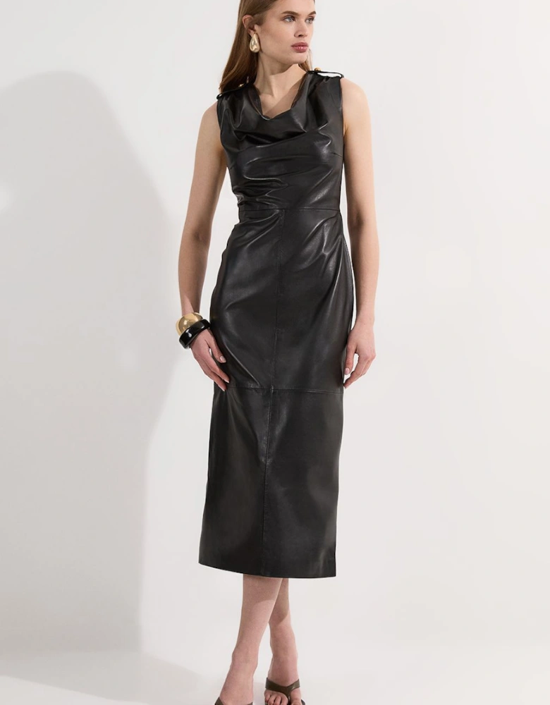 Leather Cowl Neck Drape Pencil Midi Dress