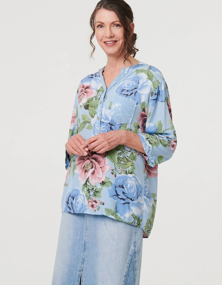 Floral Sequin Embellished Relaxed Blouse