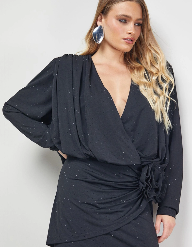 Hotfix Plunge Neck Shoulder Pad Rosette Mini Dress