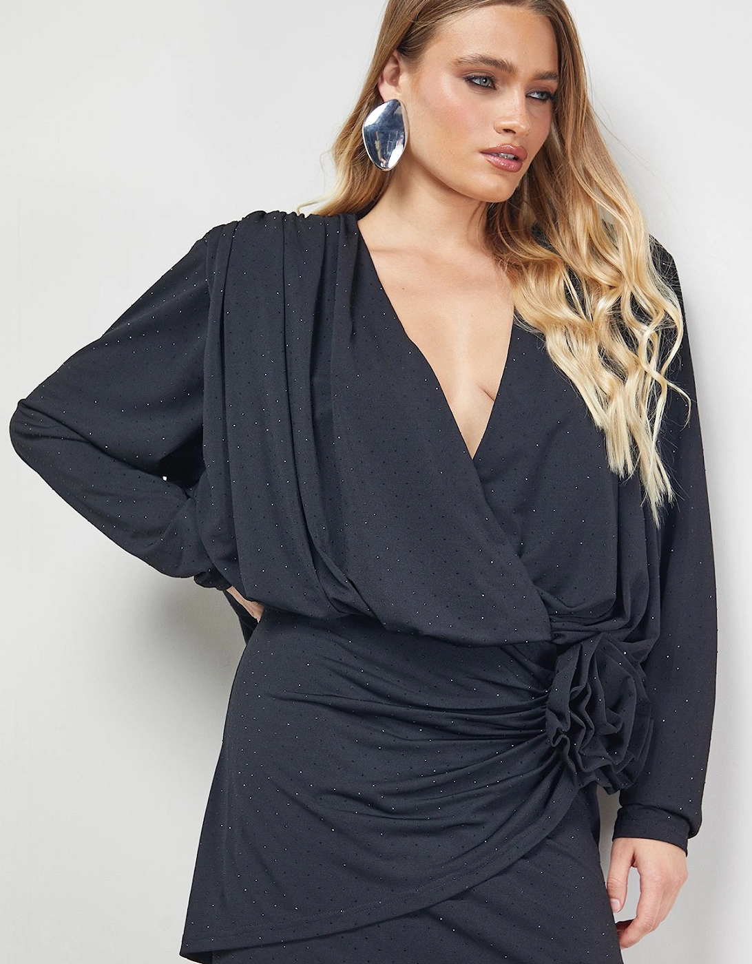Hotfix Plunge Neck Shoulder Pad Rosette Mini Dress, 2 of 1