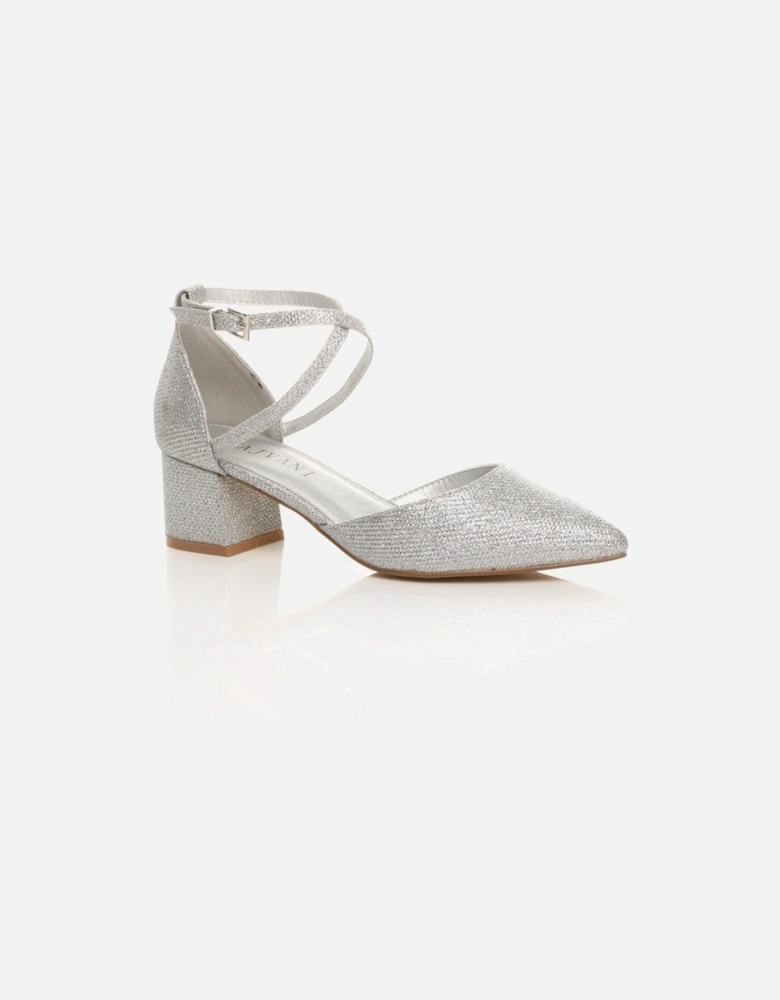 Mid Block Heel Crossed Strap Pointed Toe Glitter Mesh 2 Part Heels