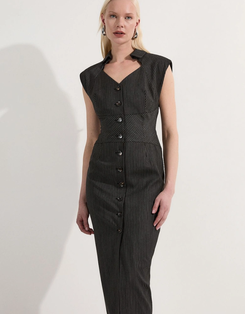 Pinstripe Corseted Tailored Pencil Midi Dress