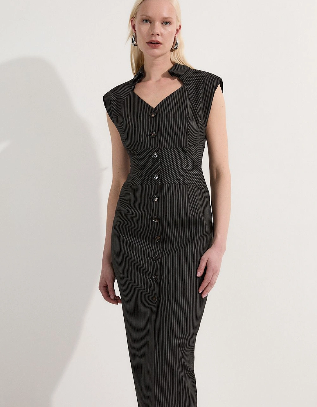 Pinstripe Corseted Tailored Pencil Midi Dress, 2 of 1