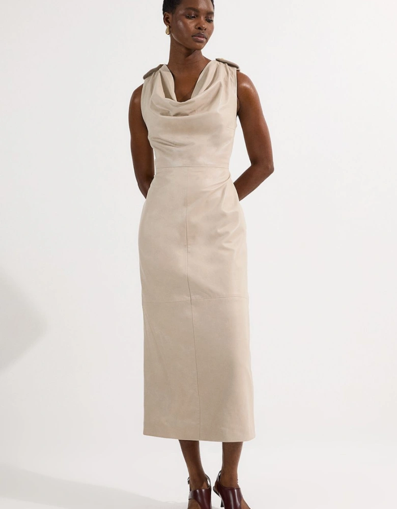 Leather Cowl Neck Drape Pencil Midi Dress