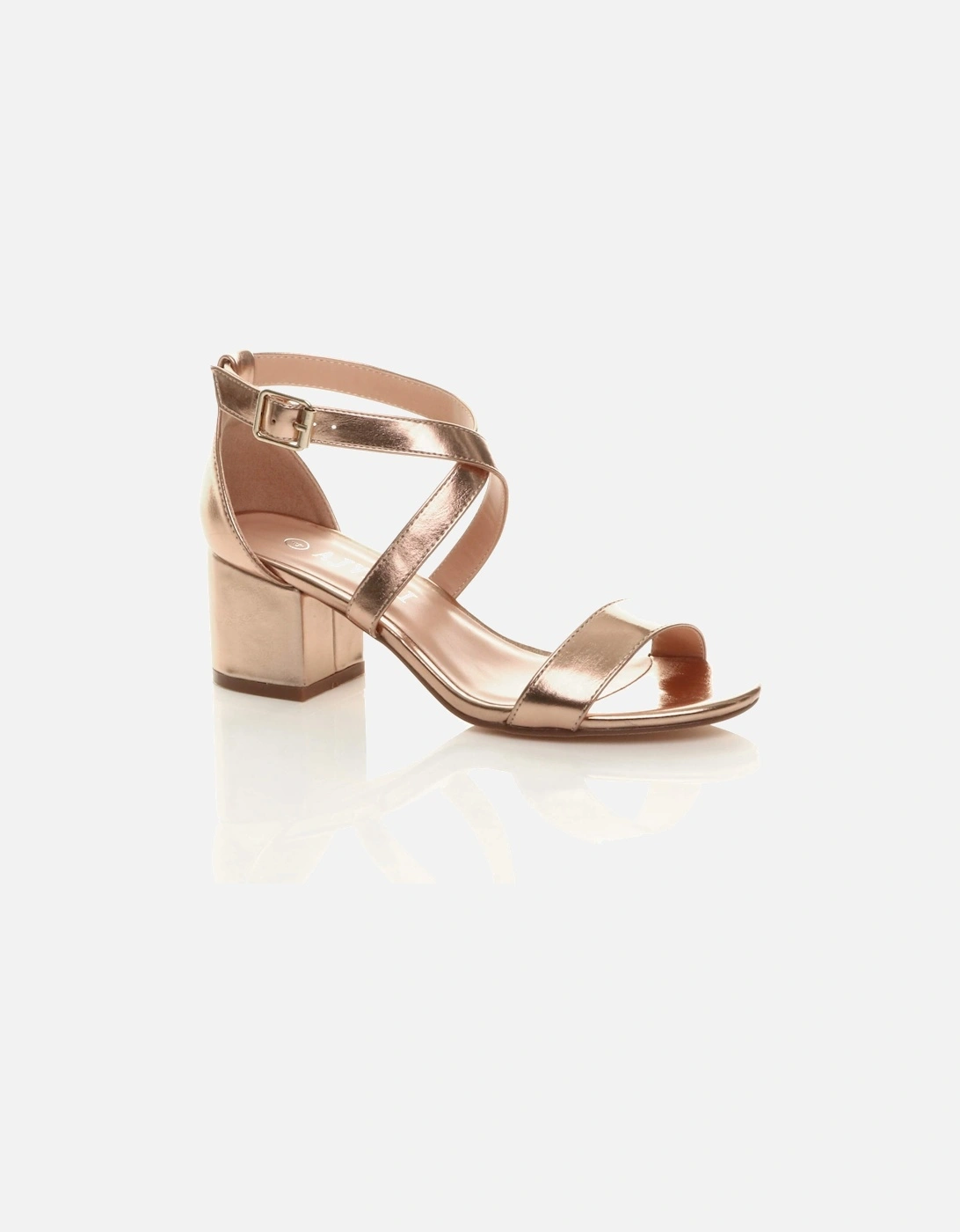 Mid Block Heel Crossed Straps Faux Leather Heeled Sandals, 2 of 1