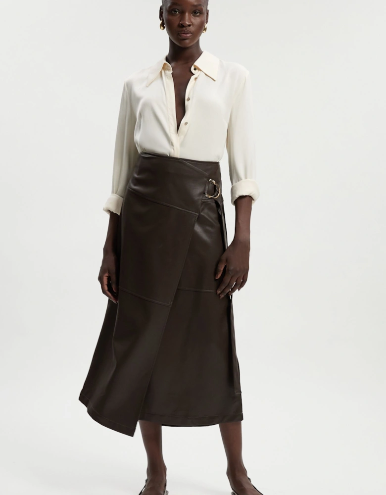Faux Leather Tie Detail Wrap Midi Skirt