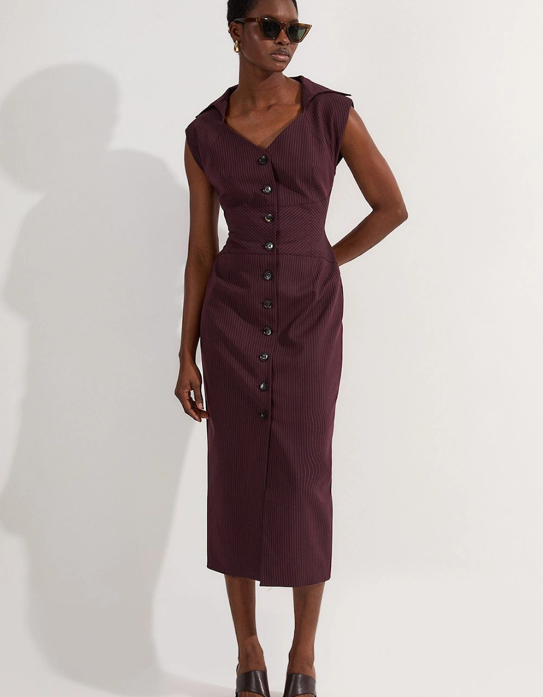 Pinstripe Corseted Tailored Pencil Midi Dress, 2 of 1