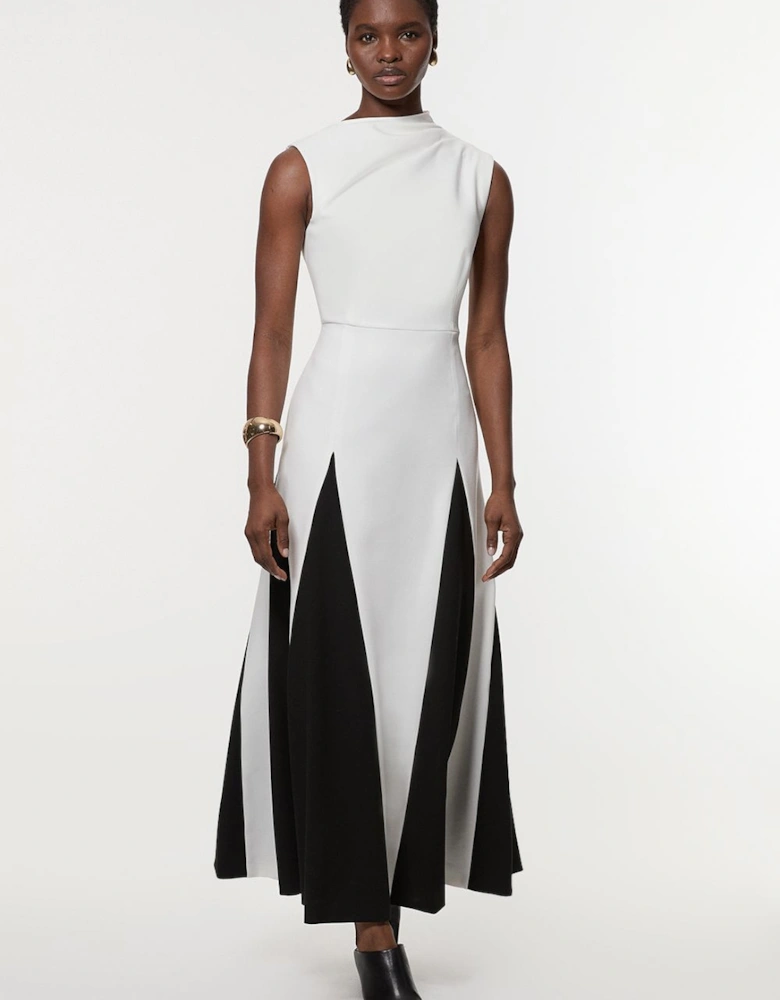Compact Stretch Tailored Colour Block Full Skirted Midi Dress