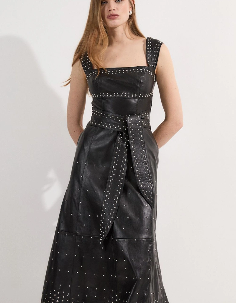 Leather Small Studs Strappy Full Midi Dress