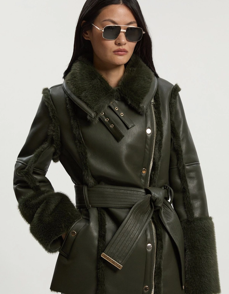 Faux Fur High Neck Belted Biker Coat