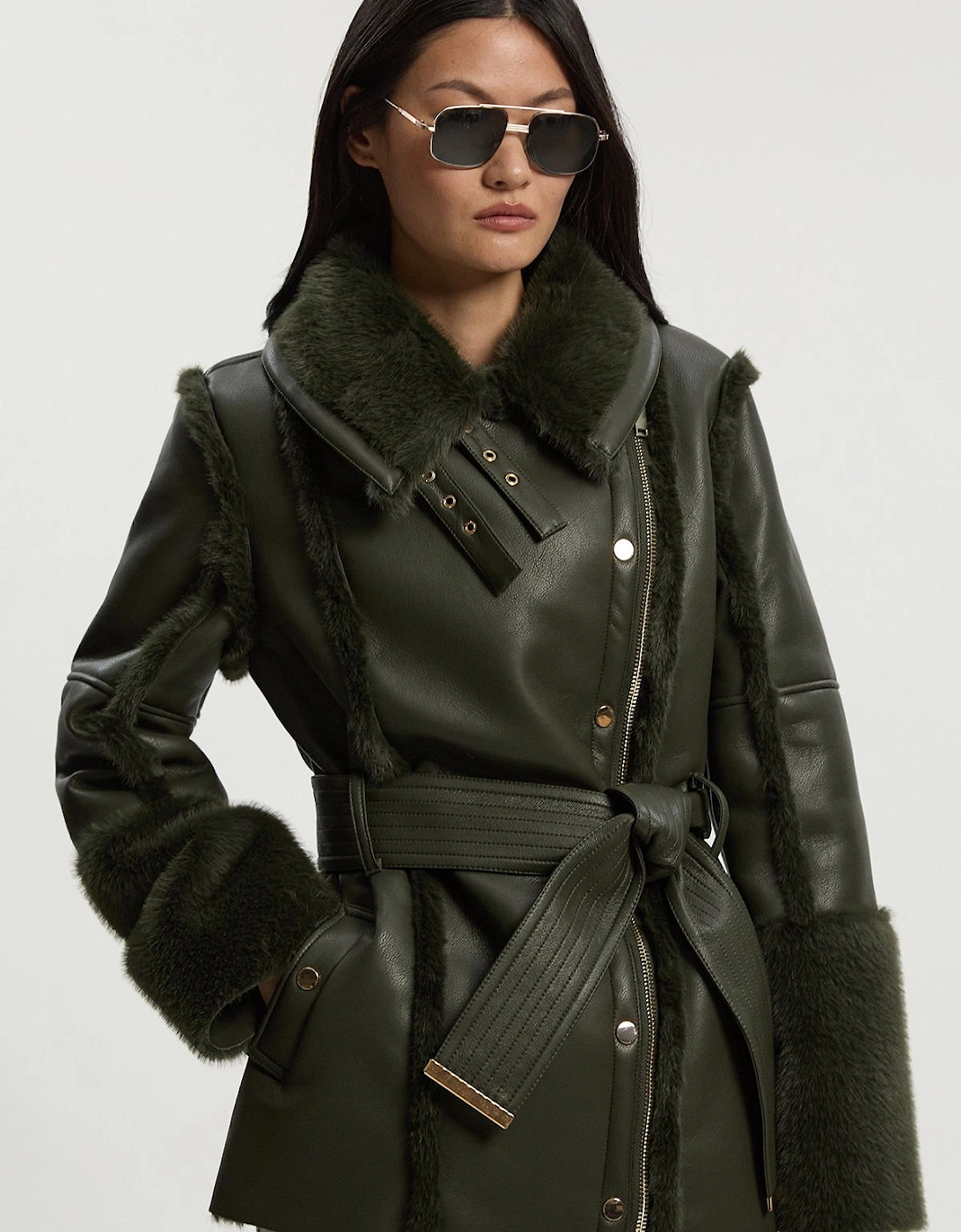 Faux Fur High Neck Belted Biker Coat, 2 of 1
