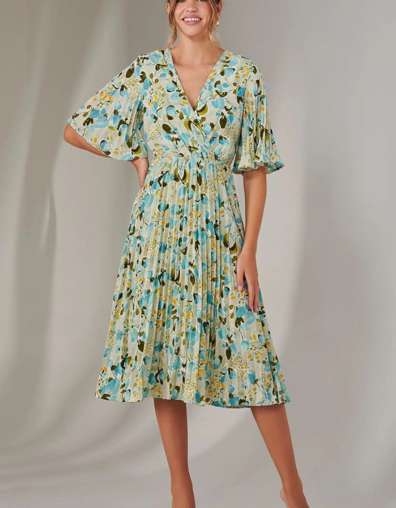 Pleated Wrap Midi Dress