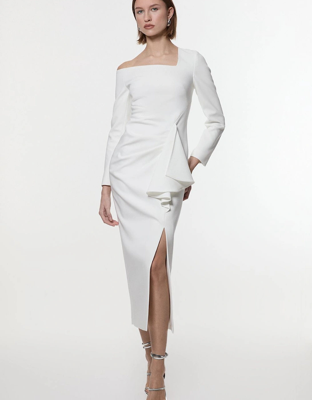 Clean Tailored Asymmetric Neckline Draped Midi Dress, 2 of 1