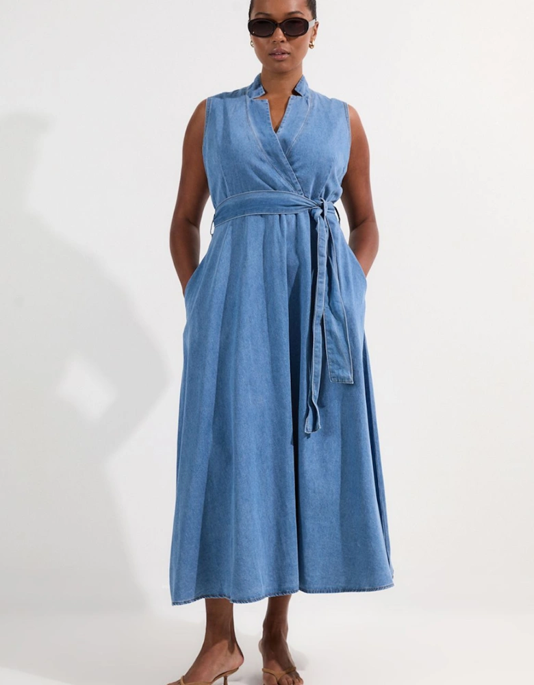 Plus Size Denim Tailored Notch Neck Belted Fluid Midi Dress