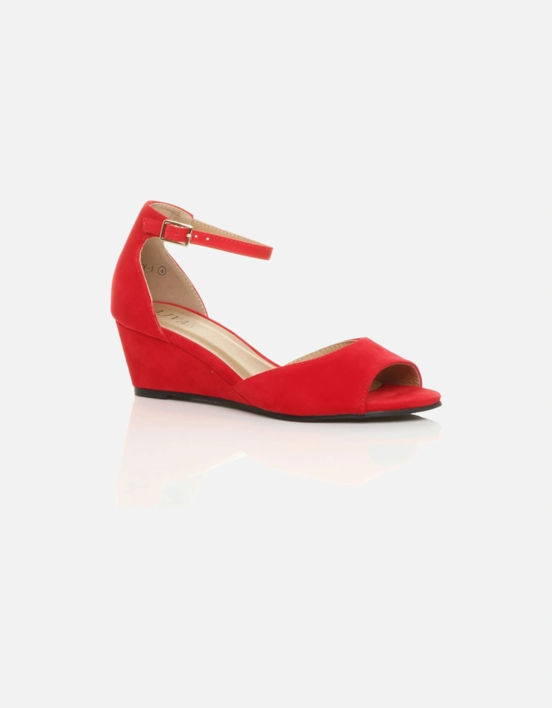 Mid Wedge Heel Ankle Strap Faux Suede Sandals