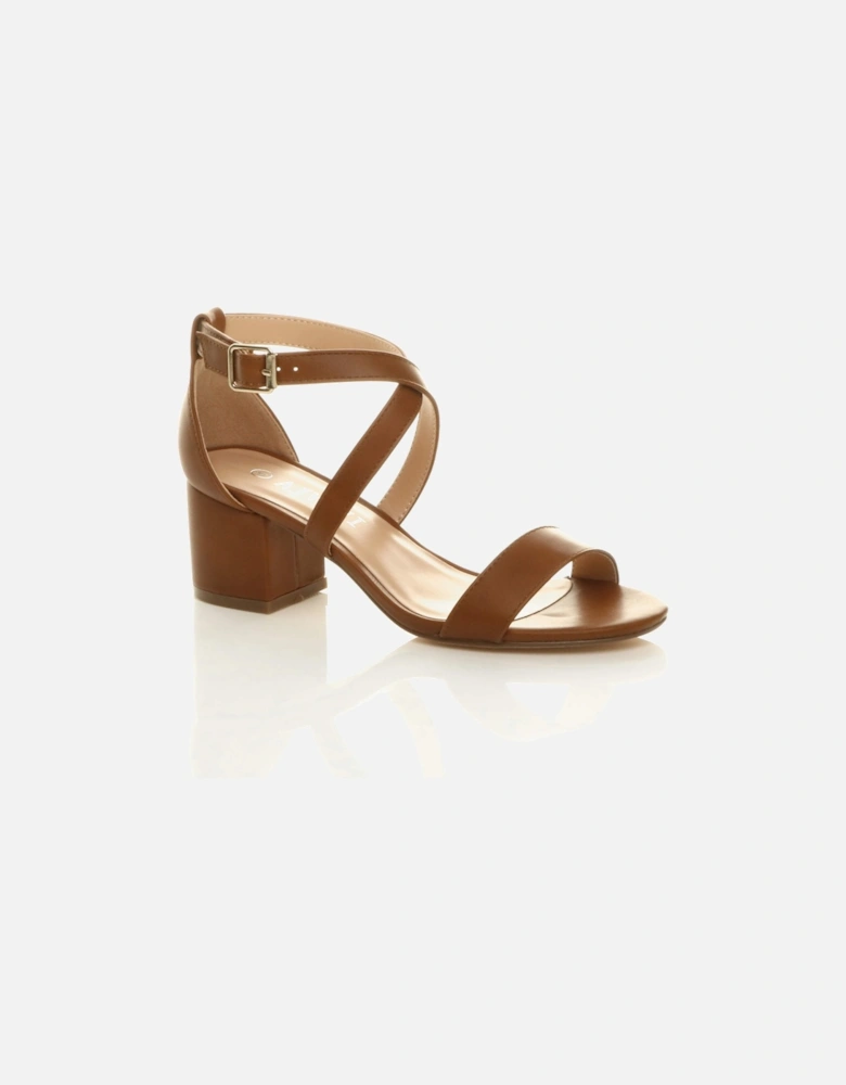 Mid Block Heel Crossed Straps Faux Leather Heeled Sandals